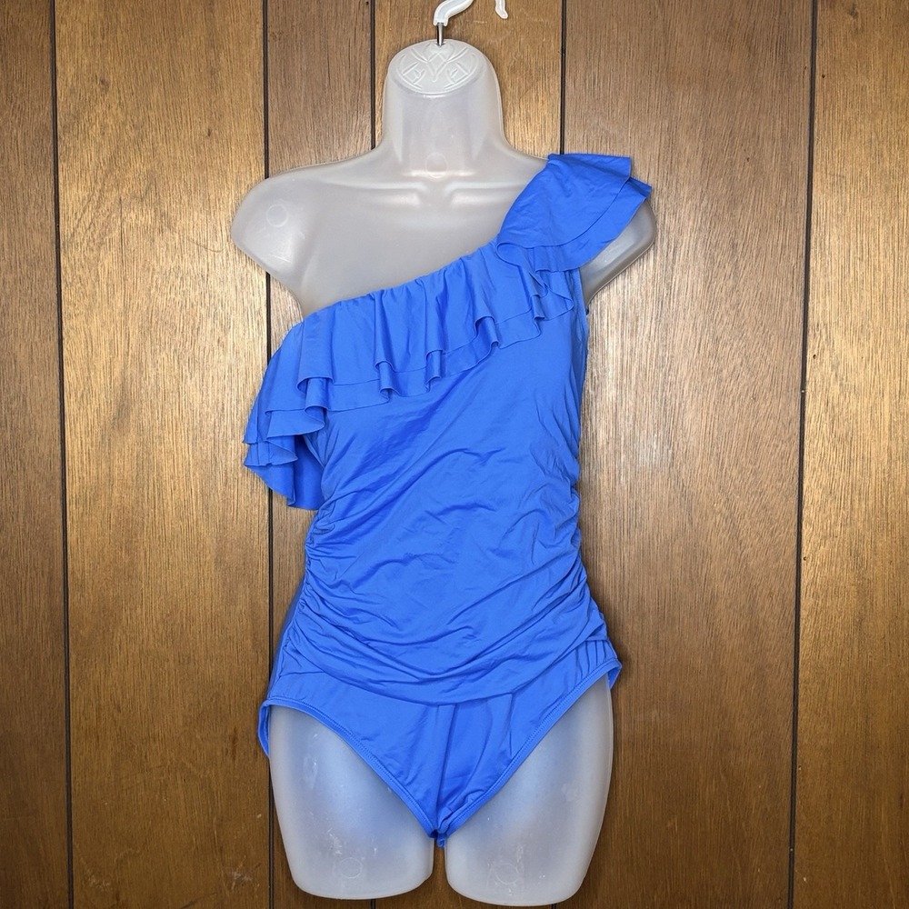 Cerulean Sea One Piece Swimsuit Women's 10 Blue Ruffle One Shoulder Ruched